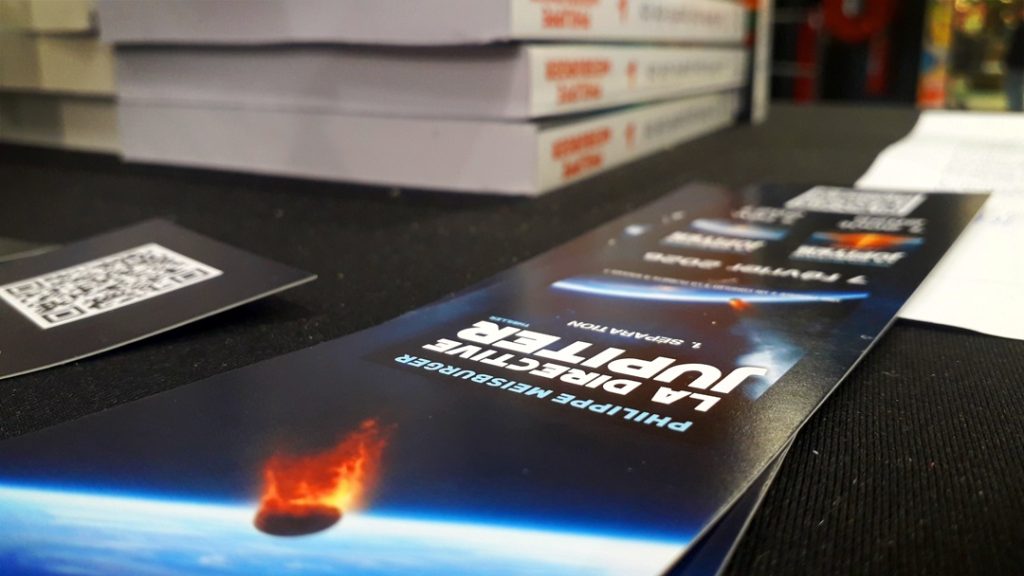 Le marque-page officiel de "La directive Jupiter" à l'espace culturel du Leclerc de Sélestat, 18 avril 2026