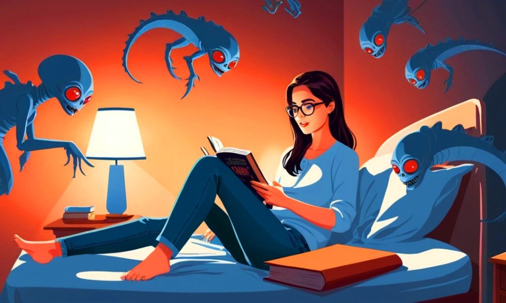 Une jeune femme immergée dans la lecture de son livre... au point d'en rendre réel les personnages les plus insolites.