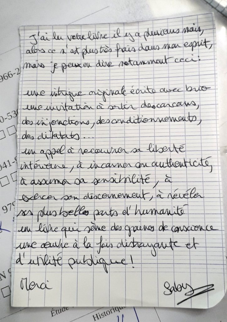 Un merveilleux retour de lectrice (Saby), au sujet de mon roman "Le livre qui parle de toi".