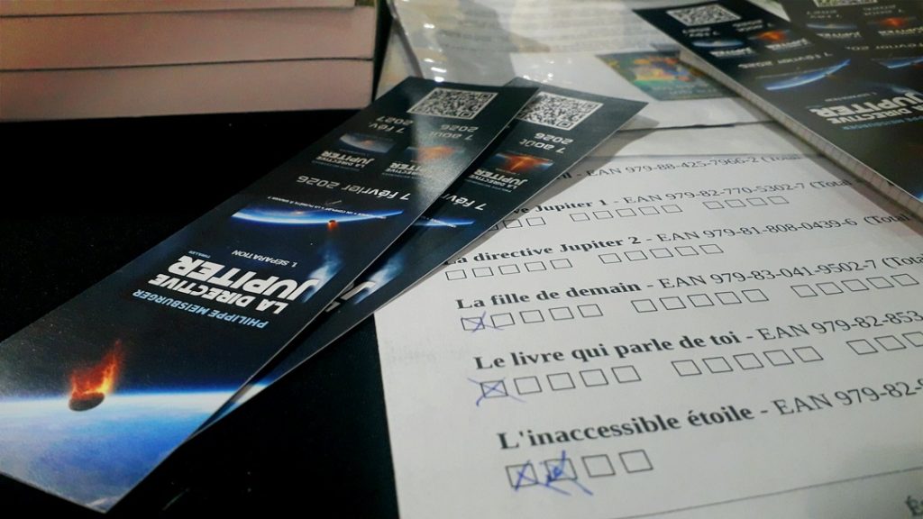 Mes marque-pages et ma fiche de ventes, en cours de matinée au Leclerc d'Issenheim - 26 septembre 2026